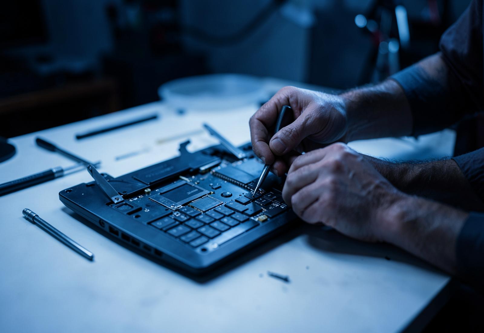 Técnico realizando manutenção em um notebook